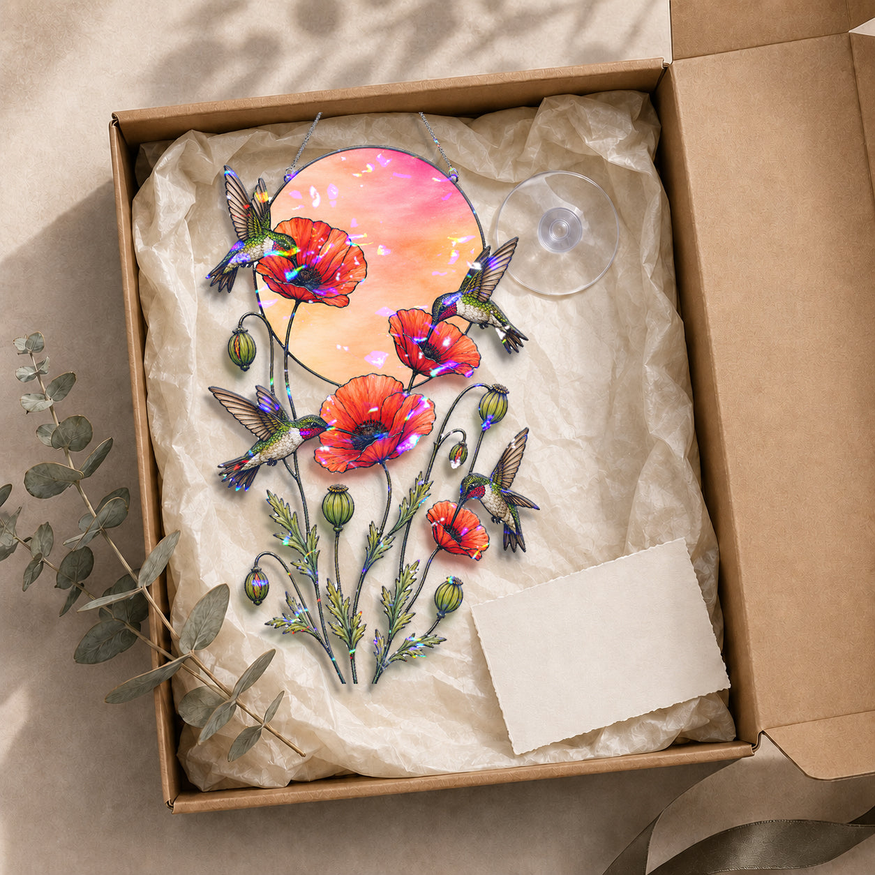 Hummingbirds & Red Poppy Sunset Moon Holographic Acrylic Suncatcher