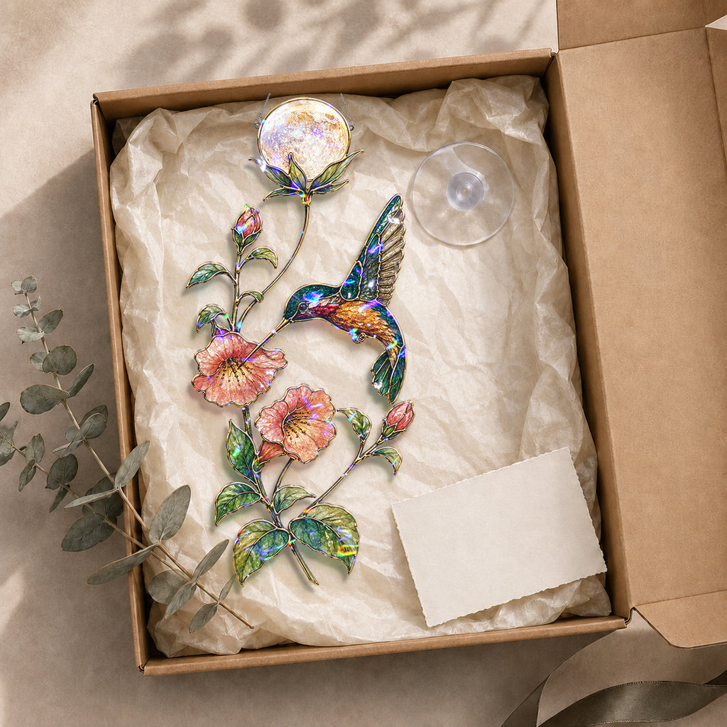 Hummingbird & Trumpet Flower Pearl Moon Holographic Acrylic Suncatcher