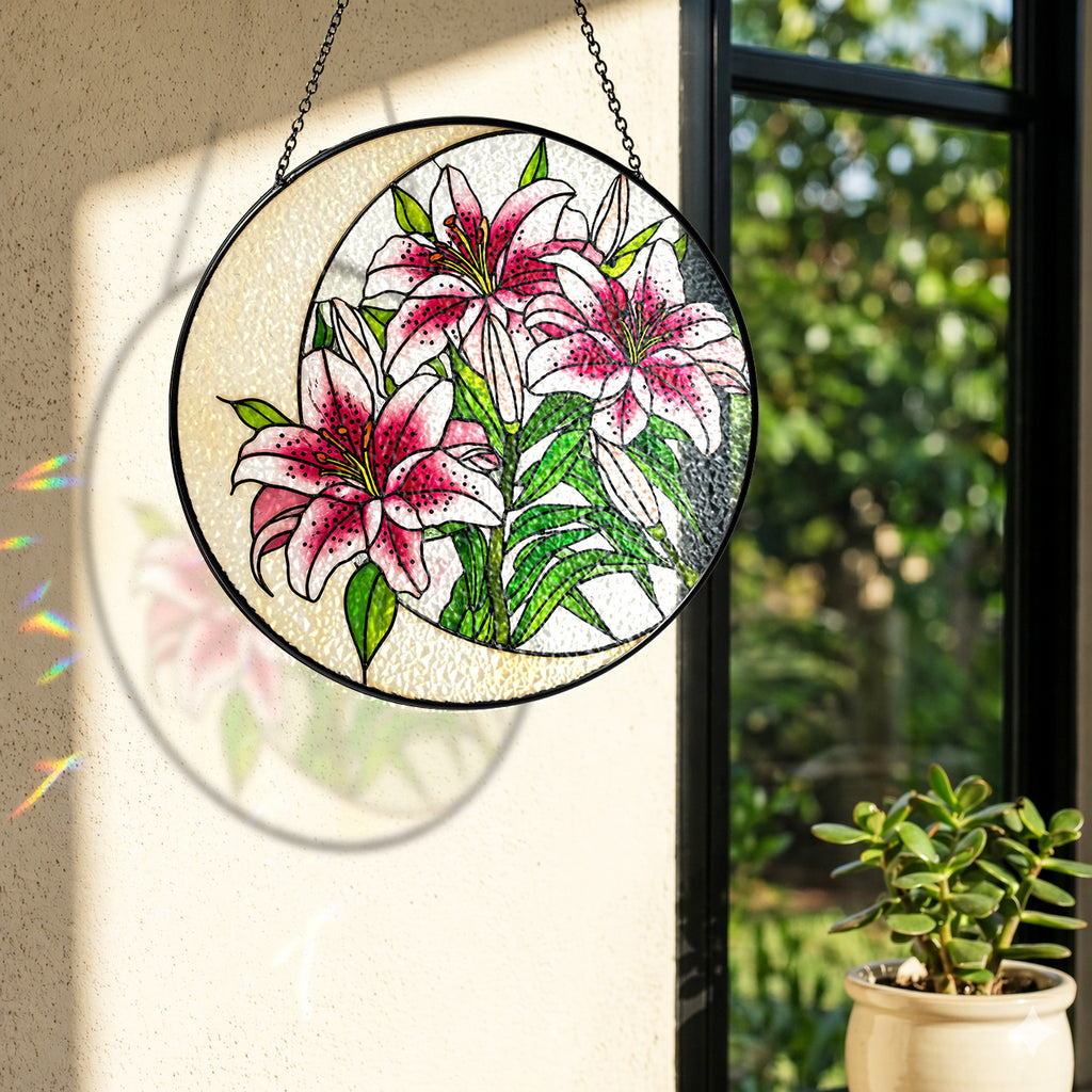 Stargazer lily suncatcher near a window with colorful light reflection on the wall