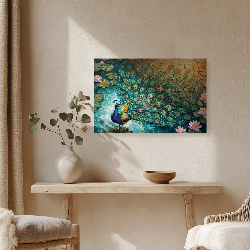 Peacock Canvas Wall Art Teal Blue Green Peacock Painting, 3D Feather Look for Living Room Bedroom Office