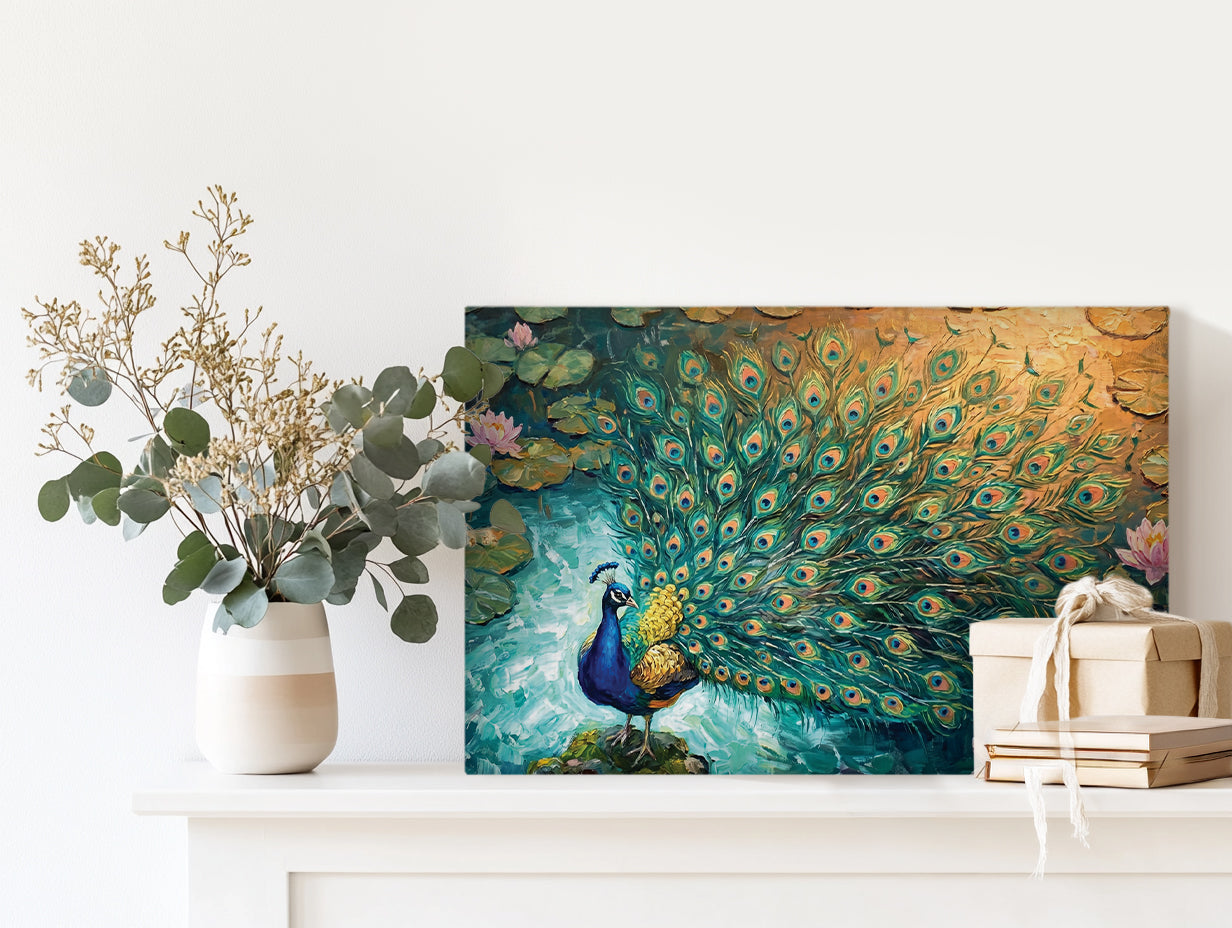 Peacock Canvas Wall Art Teal Blue Green Peacock Painting, 3D Feather Look for Living Room Bedroom Office