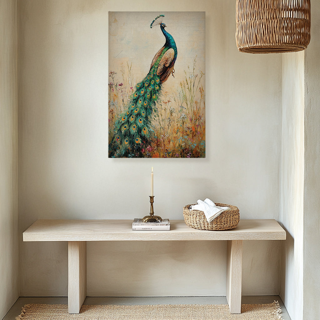 Peacock Canvas Wall Art Vintage Peacock Painting with Wildflowers