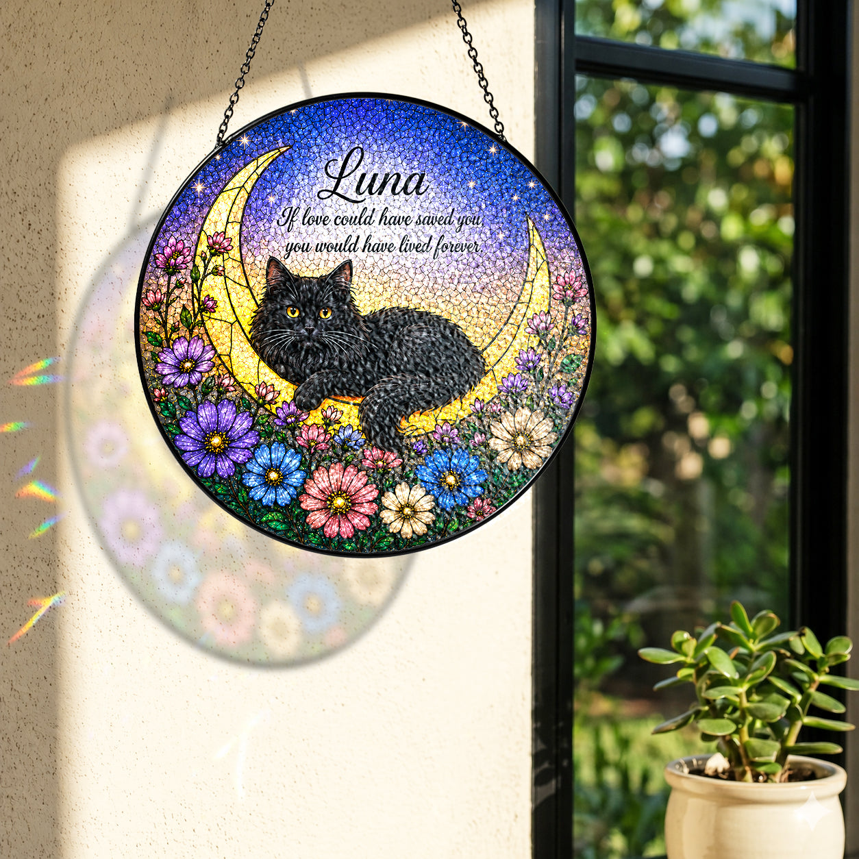 Personalized Cat Memorial Moon Stained Glass Suncatcher