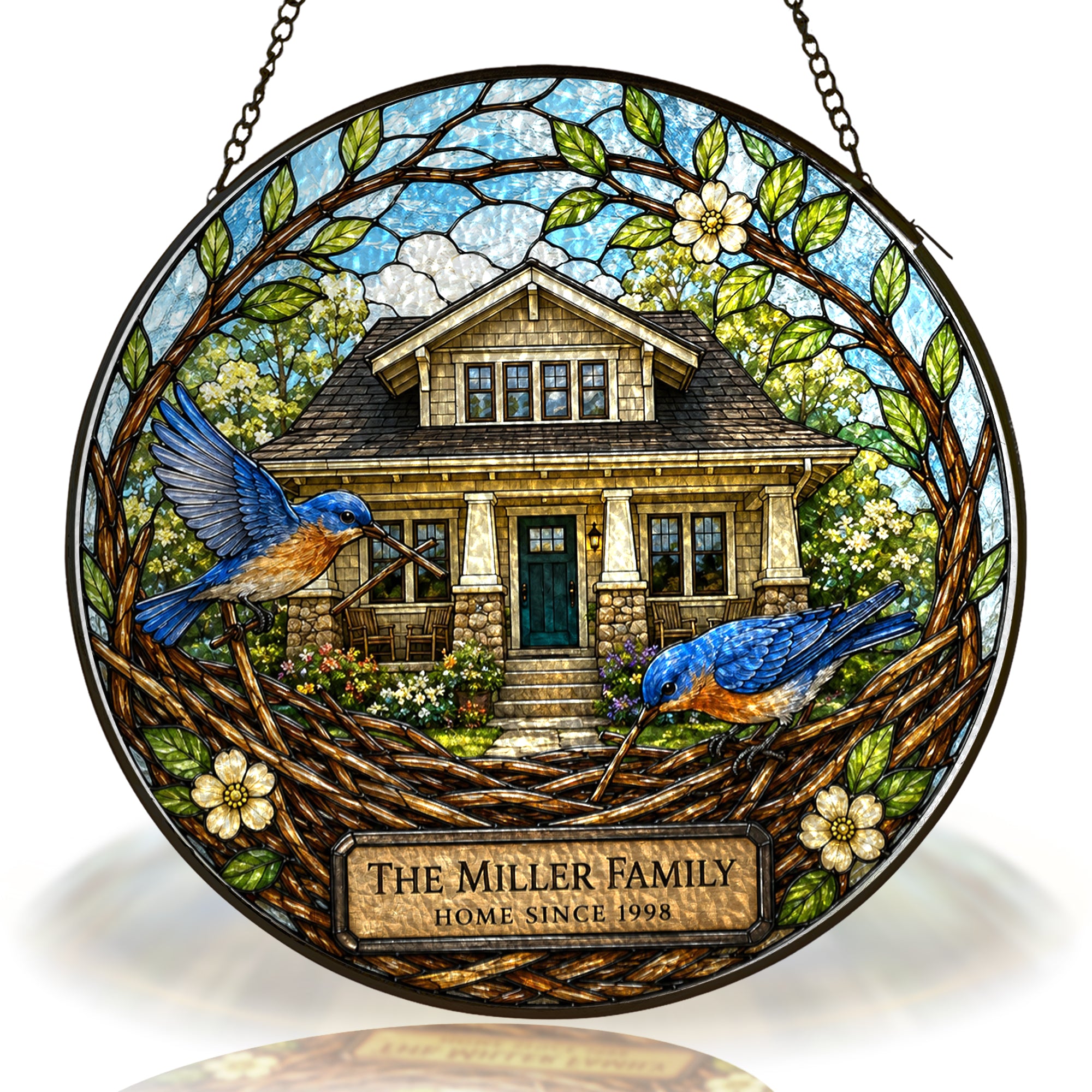 Personalized Family Name Home Bluebird Nest Stained Glass Suncatcher
