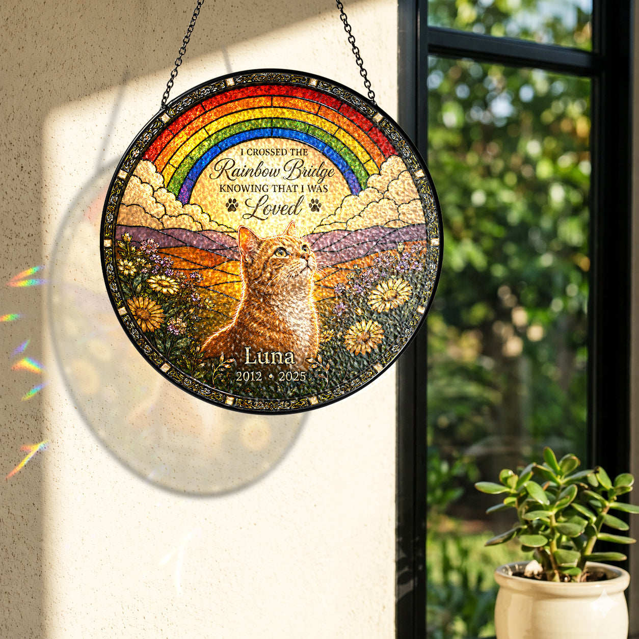 Personalized Rainbow Bridge Cat Memorial Glass Suncatcher
