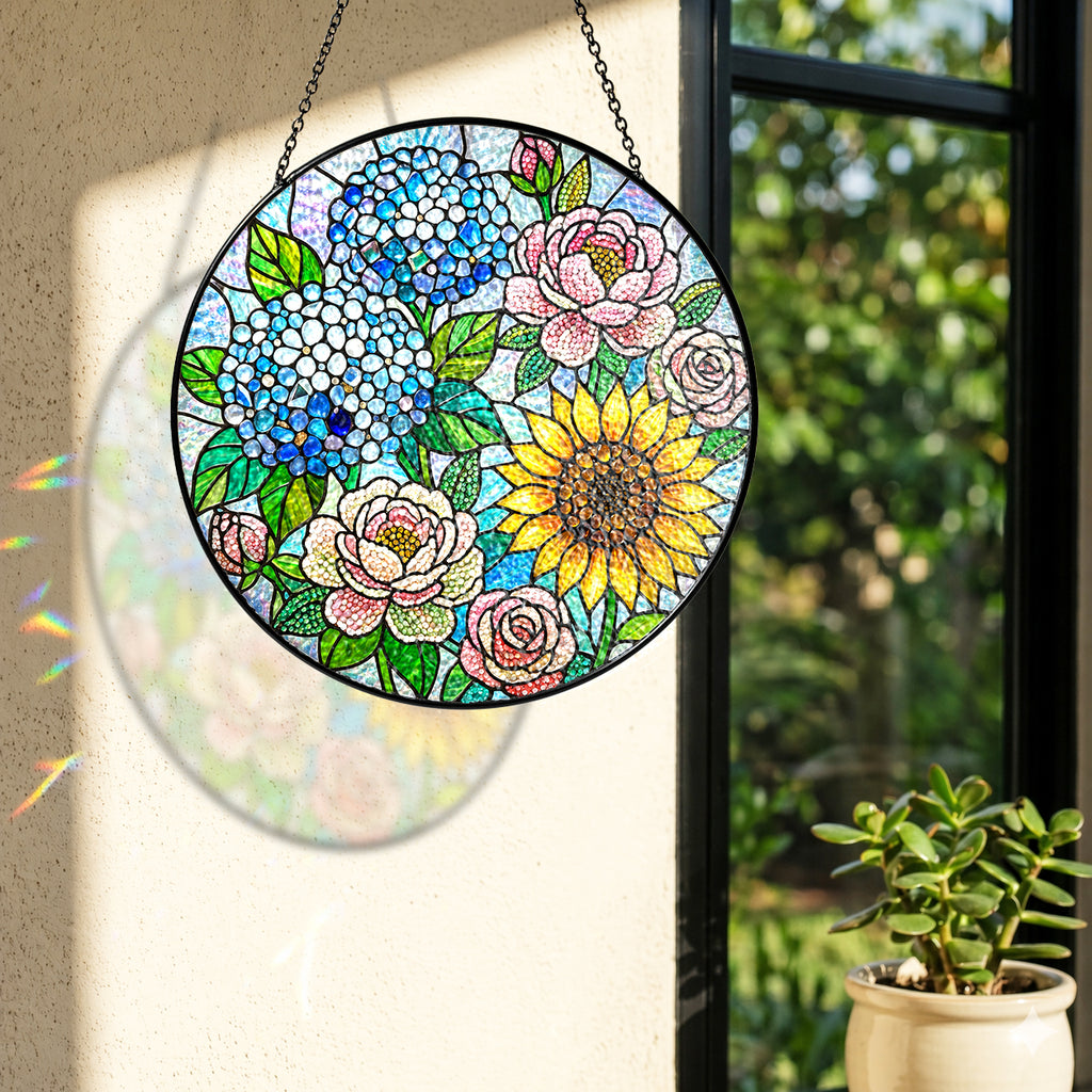 Hydrangea Sunflower Rose Stained Glass Suncatcher