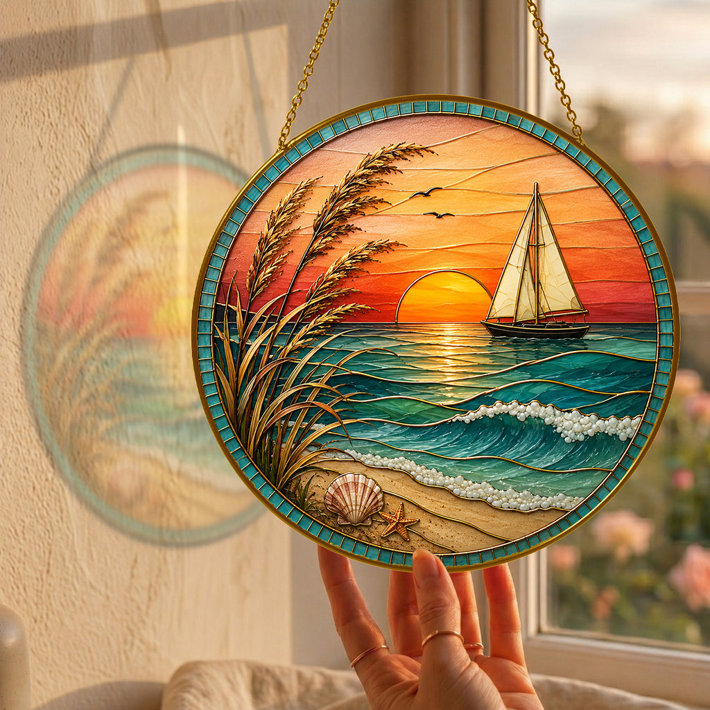 [ PIXIWOO] Stained Glass Suncatcher Sunset Sailboat Window Hanging Decor, Ocean Beach Acrylic Ornament, Coastal Beach House Wall Art, Nautical Sea Waves Sun Catcher Gift for Ocean Lovers
