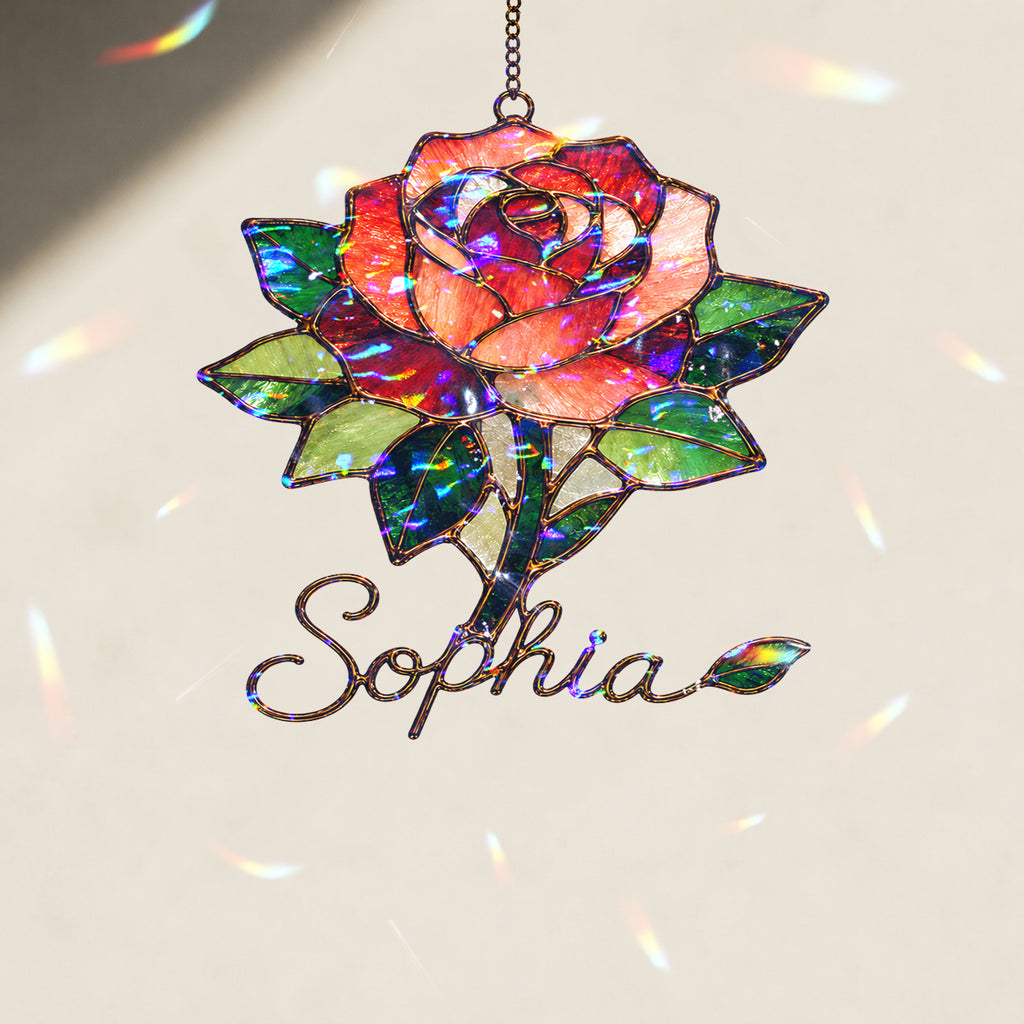 Personalized Red Rose Holographic Acrylic Suncatcher