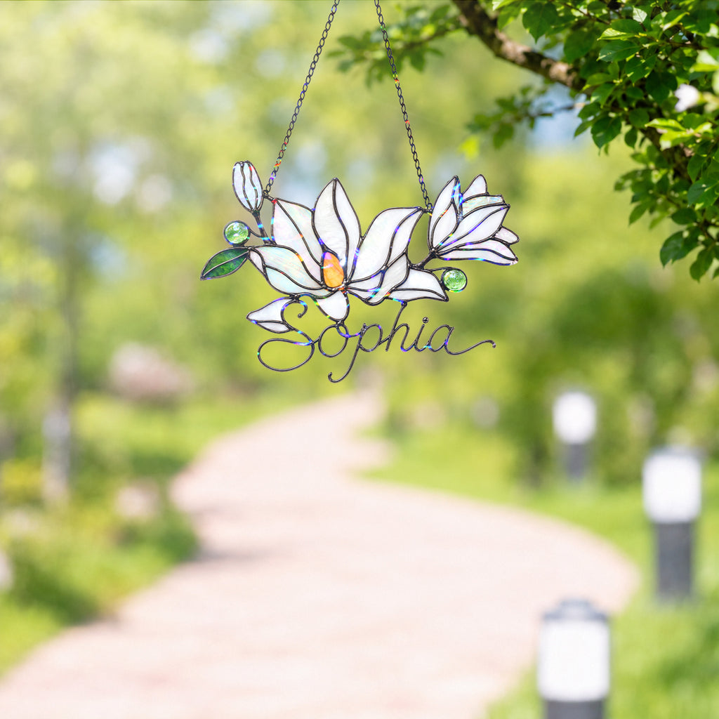 Personalized White Magnolia Branch Holographic Acrylic Suncatcher