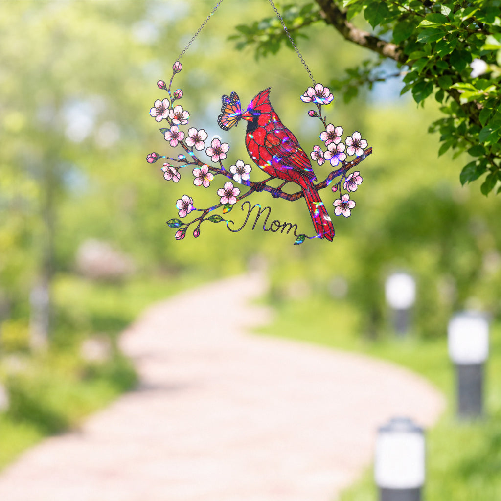 Personalized Cardinal & Cherry Blossom Holographic Acrylic Suncatcher