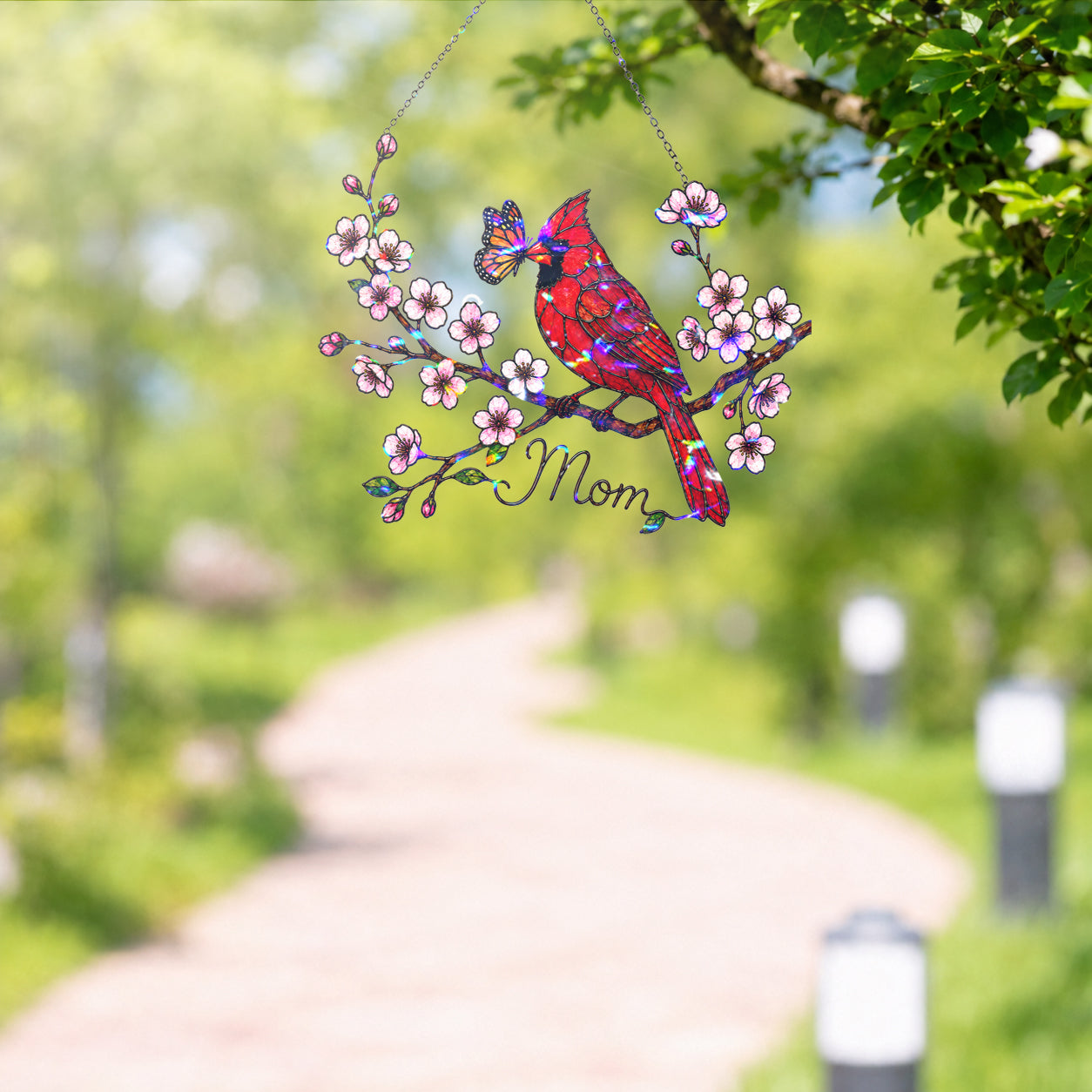 Personalized Cardinal & Cherry Blossom Holographic Acrylic Suncatcher