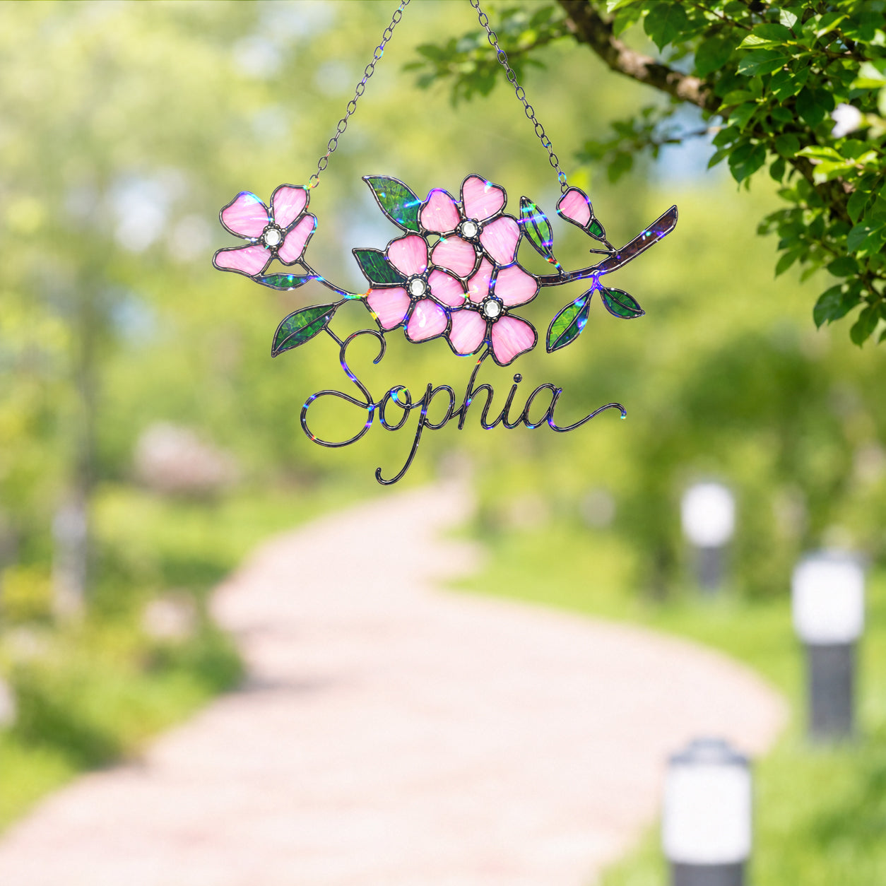 Personalized Pink Cherry Blossom Branch Holographic Acrylic Suncatcher