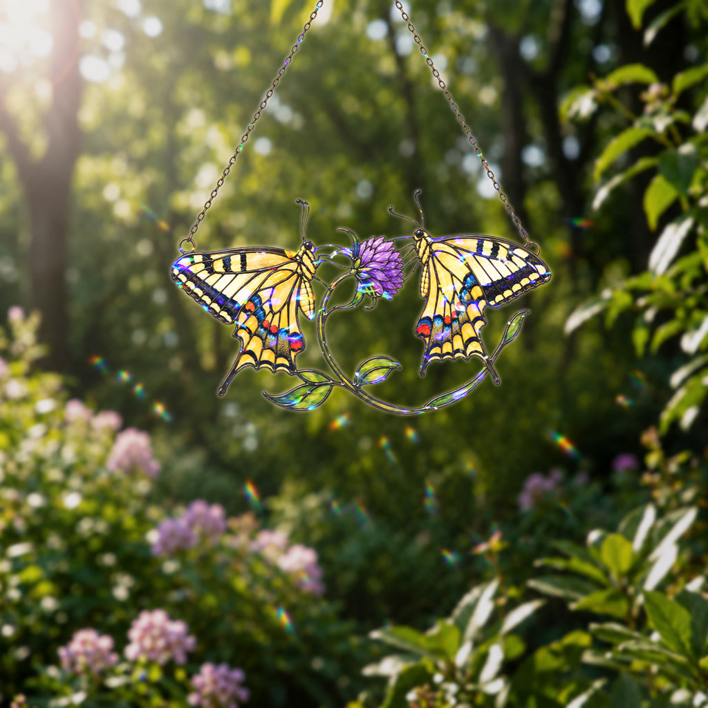Twin Swallowtail Butterflies & Purple Clover Holographic Acrylic Suncatcher