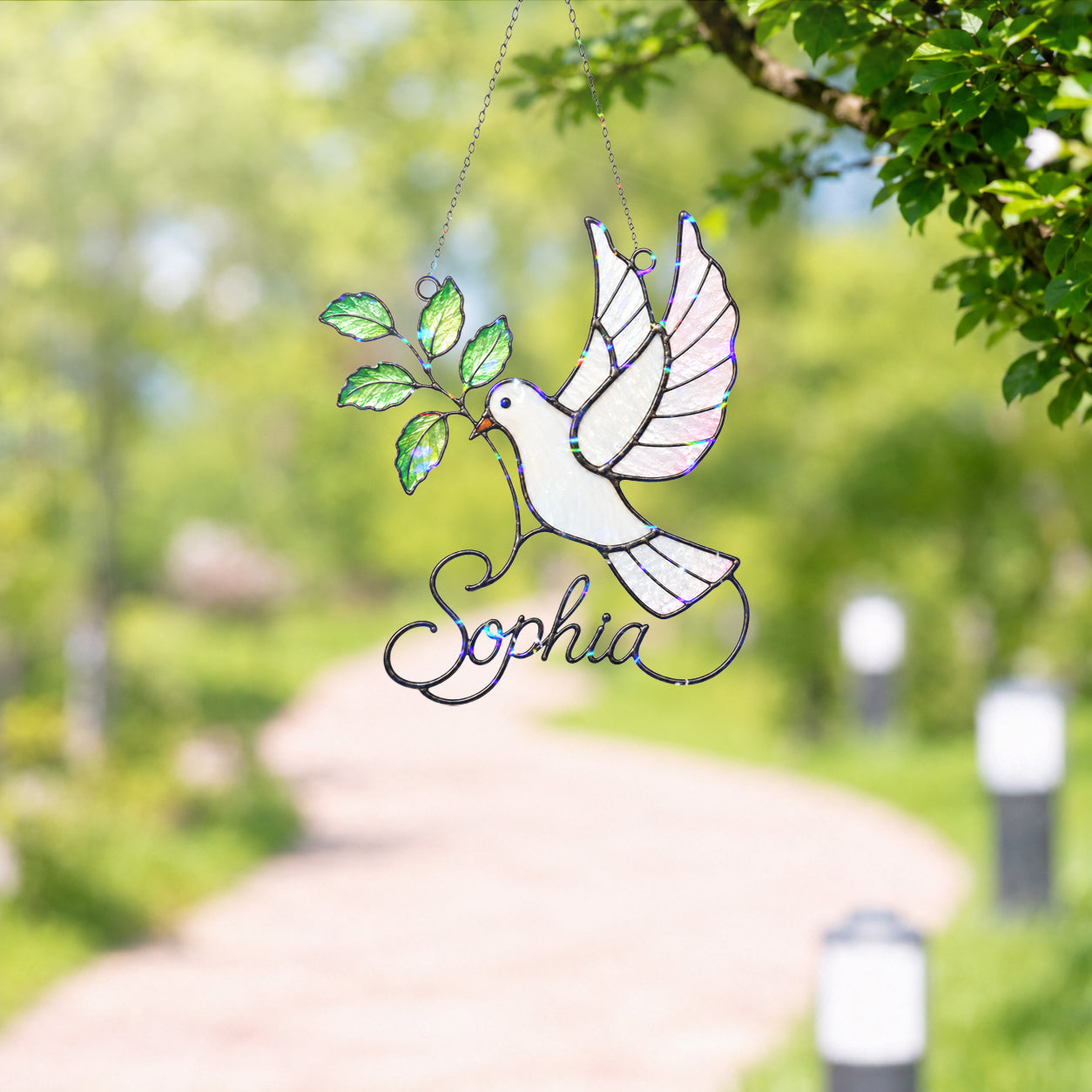 Personalized White Dove & Olive Branch Holographic Acrylic Suncatcher