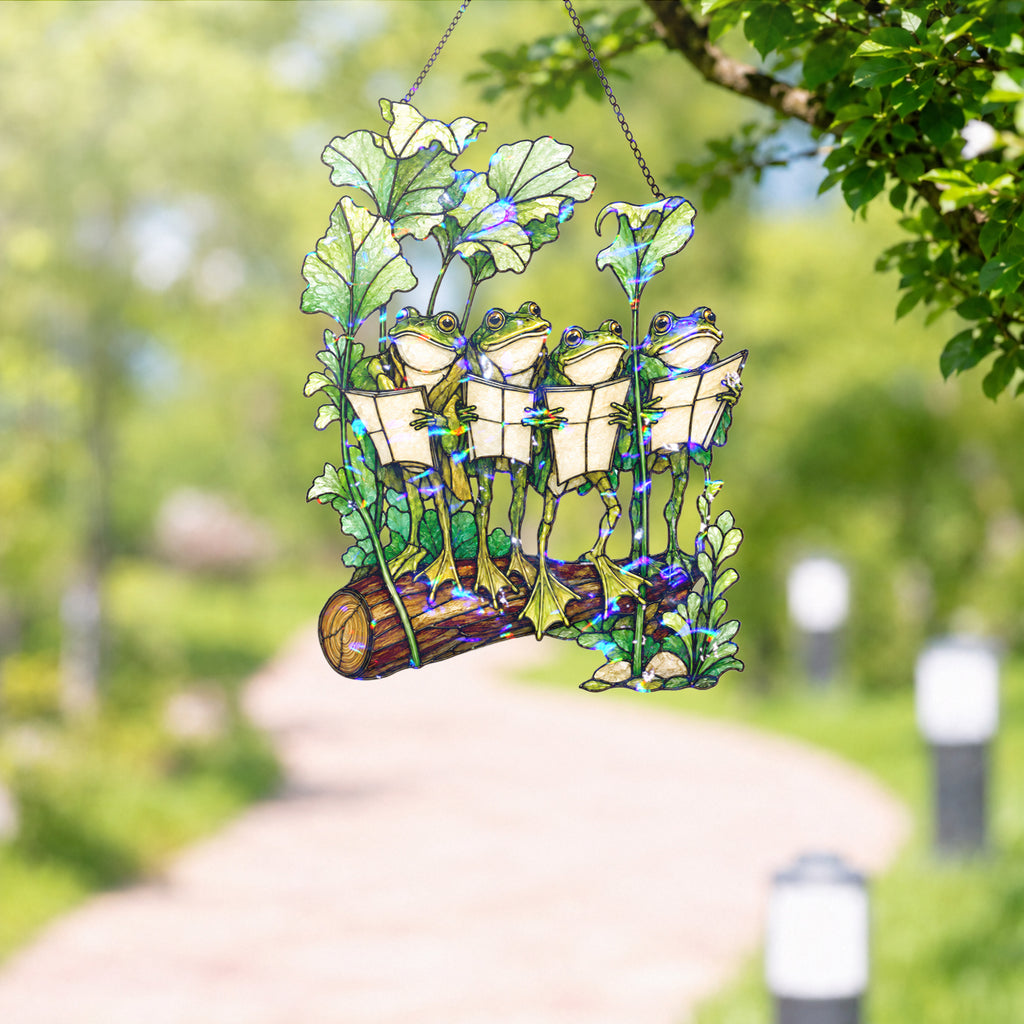 Four Frogs Reading Books on a Log Holographic Acrylic Suncatcher