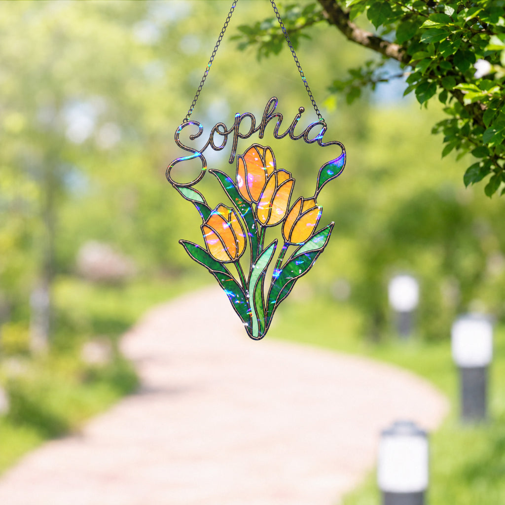 Personalized Yellow Tulip Bouquet Holographic Acrylic Suncatcher