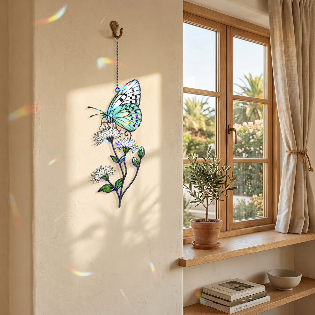 Mint Butterfly & White Blossom Holographic Acrylic Suncatcher