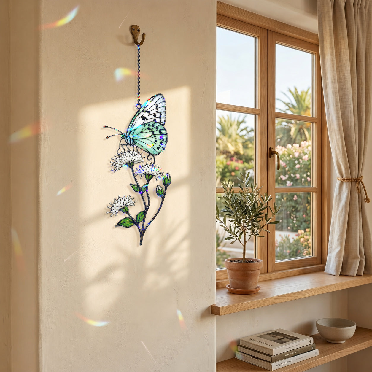 Mint Butterfly & White Blossom Holographic Acrylic Suncatcher