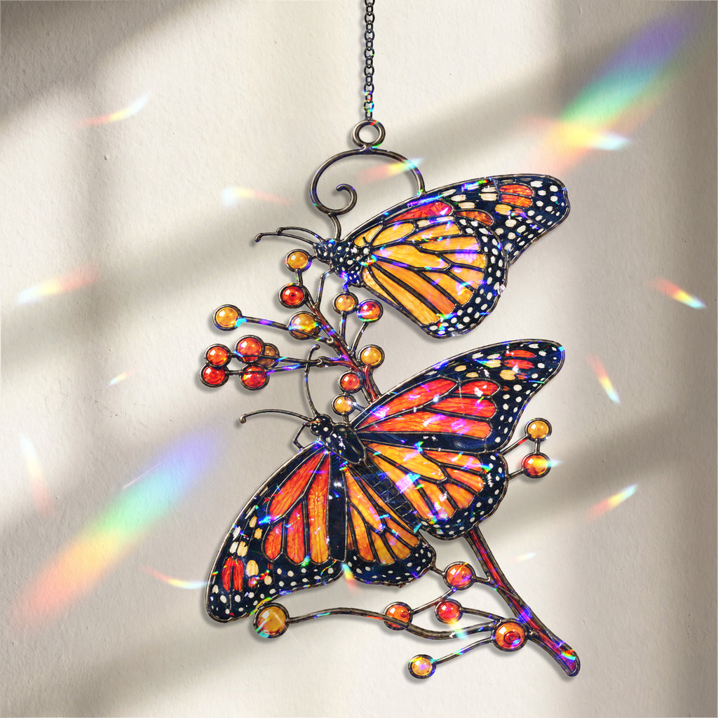 Monarch Butterflies & Berry Branch Holographic Acrylic Suncatcher