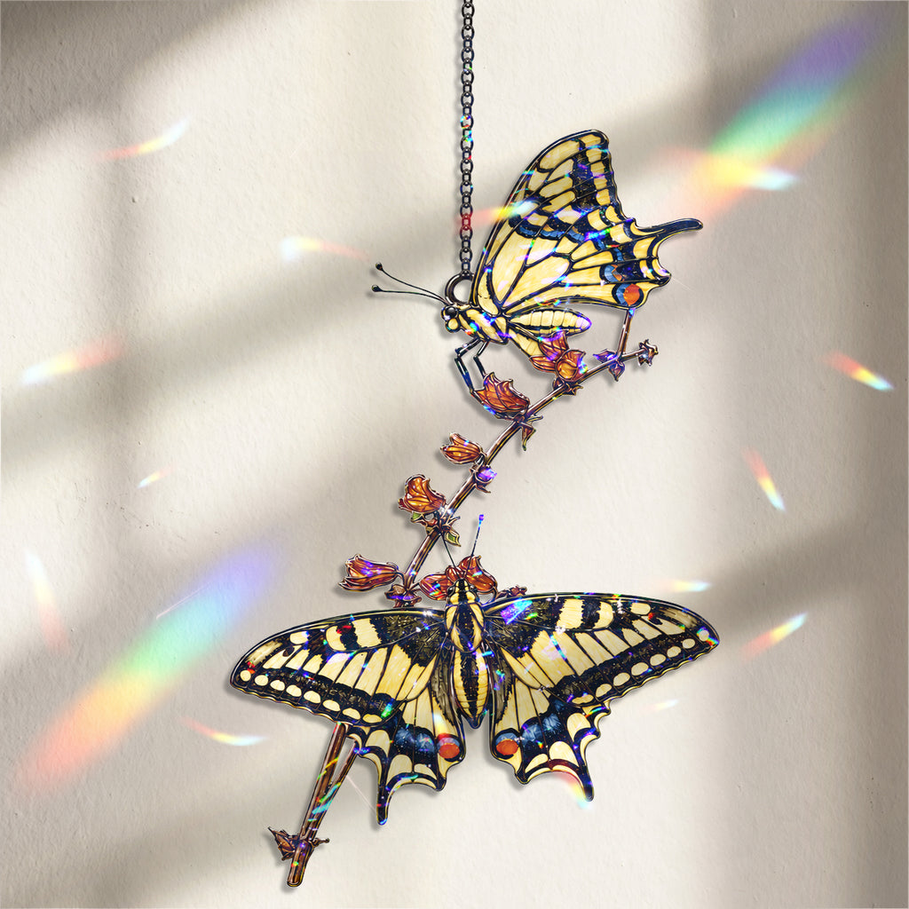 Two Swallowtail Butterflies on Blossom Branch Holographic Acrylic Suncatcher