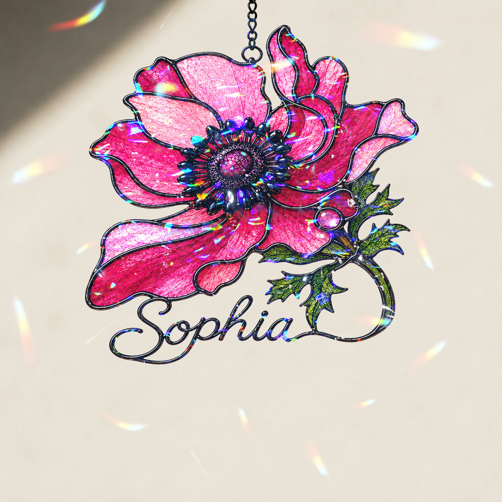 Personalized Pink Anemone Flower Holographic Acrylic Suncatcher