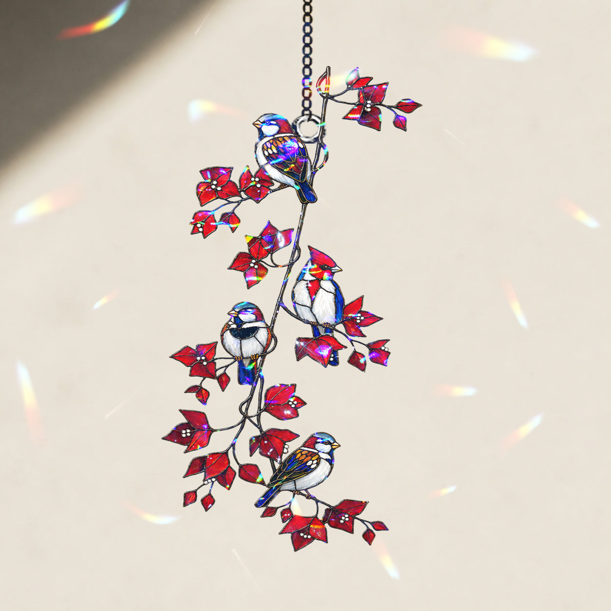 Sparrows & Cardinal on Red Leaf Vine Holographic Acrylic Suncatcher