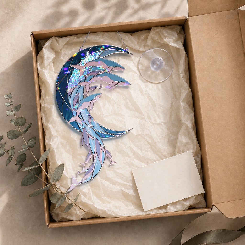 Whale Pod Crescent Moon Holographic Acrylic Suncatcher