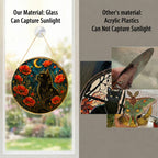 Black cat and red poppies stained glass suncatcher as home decor and gift idea