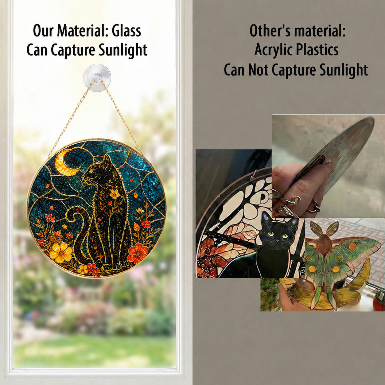 Black cat crescent moon stained glass suncatcher as home decor and gift idea