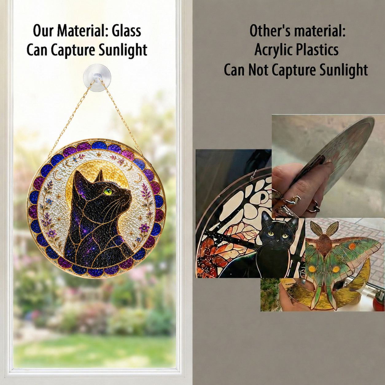 Mystical cat moon mandala stained glass suncatcher as home decor and gift idea