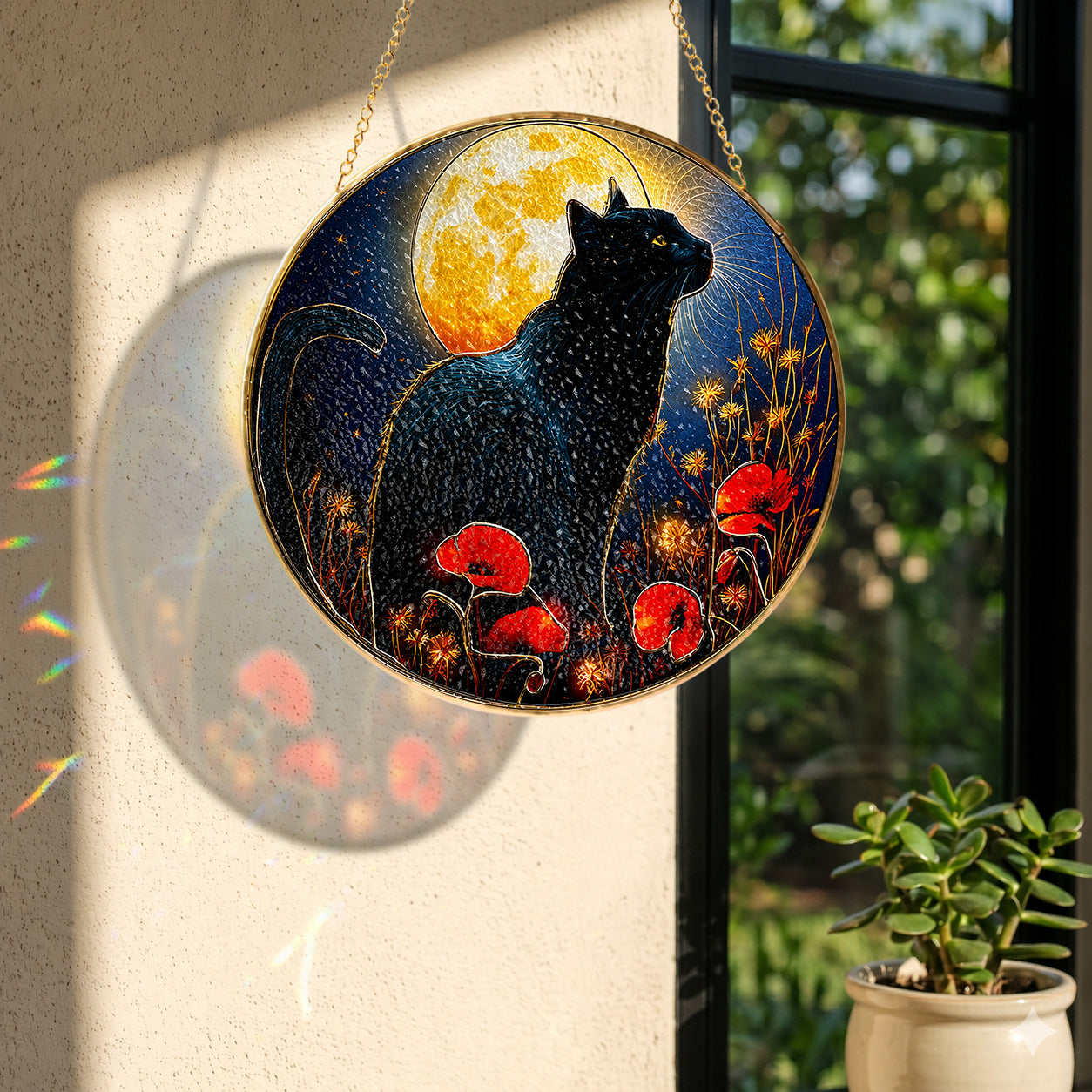 Black cat full moon stained glass suncatcher as home decor and gift idea