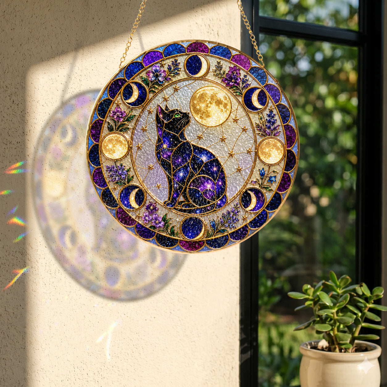Galaxy cat moon phases stained glass suncatcher as home decor and gift idea