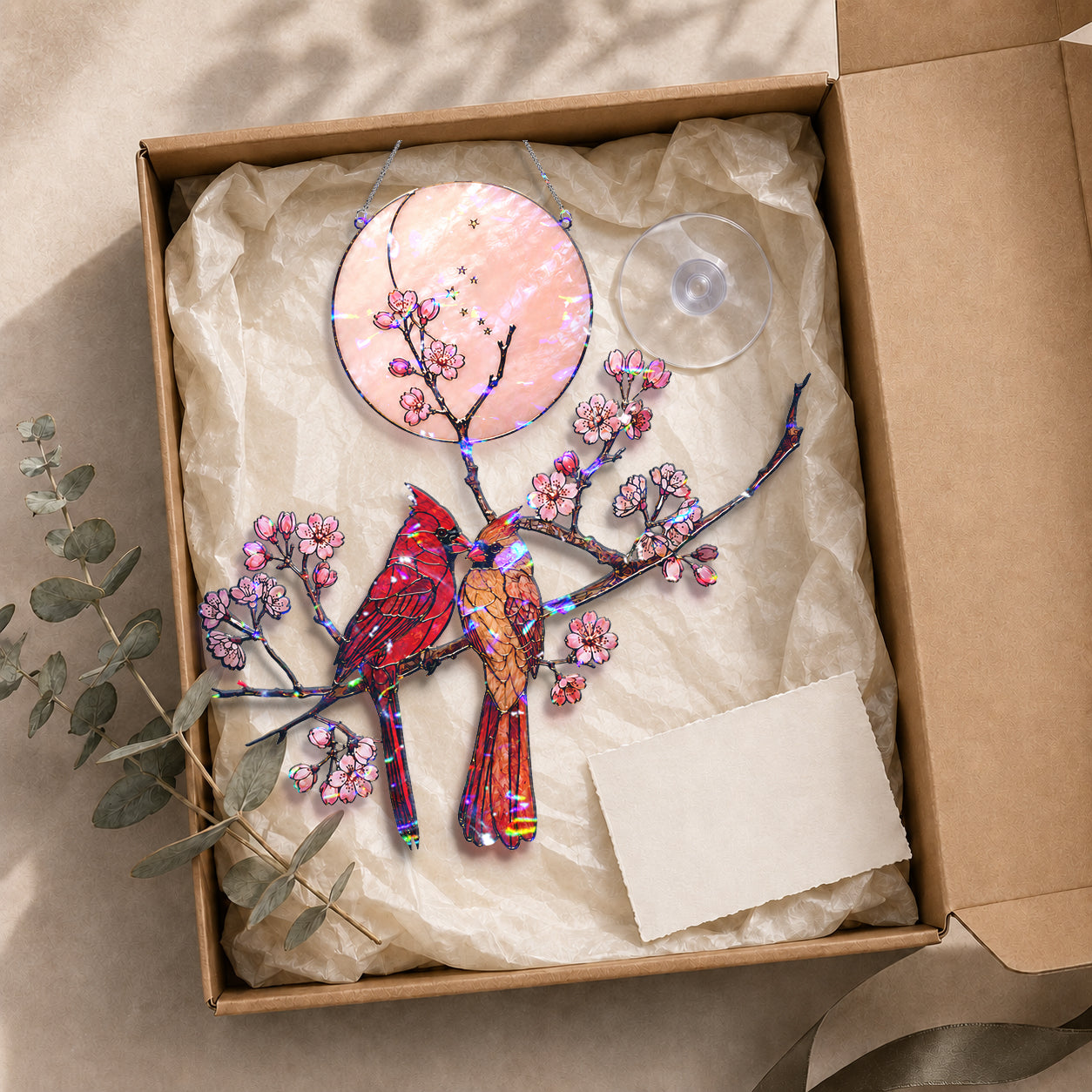 Cardinal Couple & Cherry Blossom Moon Holographic Acrylic Suncatcher