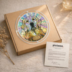 Golden doodle memorial puzzle suncatcher hanging by a sunlit garden window