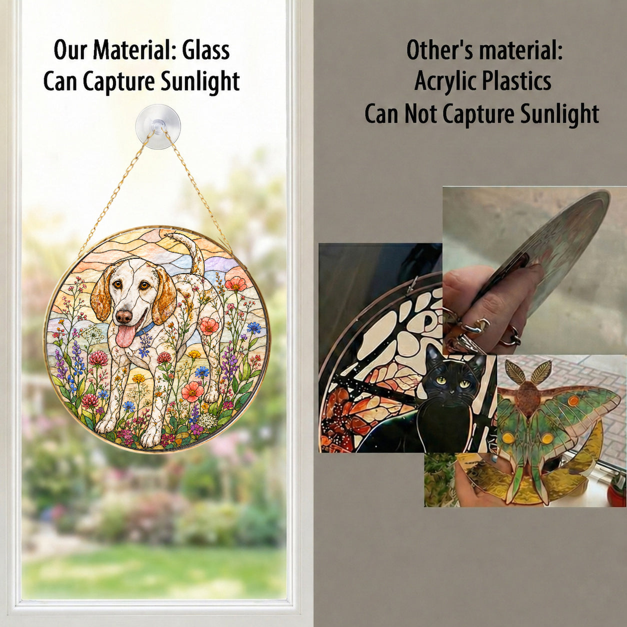 Dog & Wildflowers Stained Glass Suncatcher with hanging chain