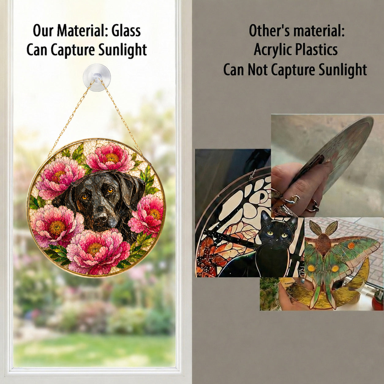 Black Lab & Peonies Glass Suncatcher gift idea