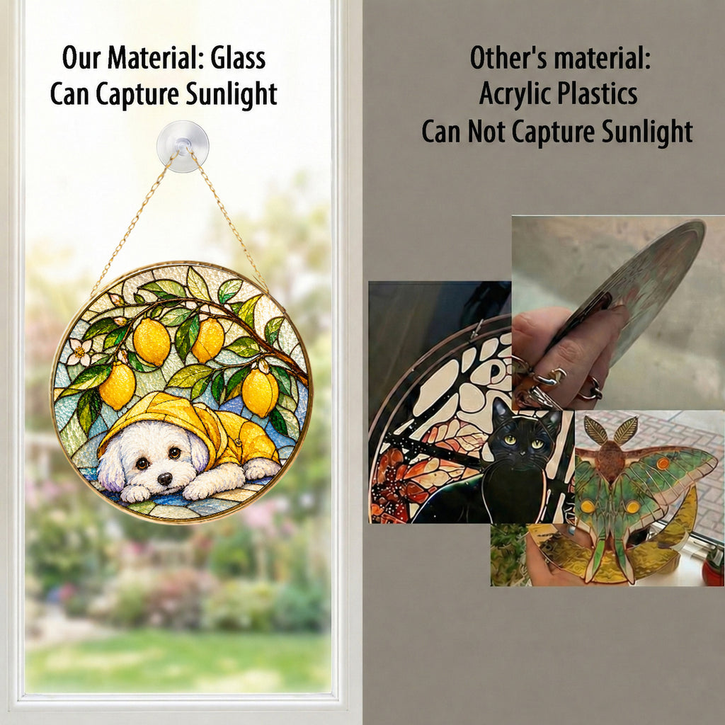 White Puppy & Lemons Glass Suncatcher gift idea