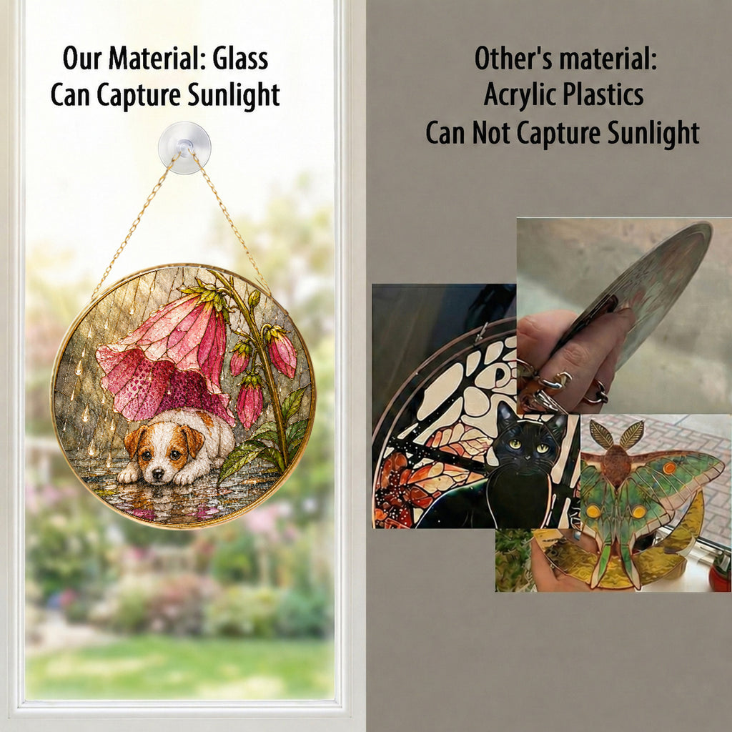 Puppy & Pink Flower Rain Suncatcher gift idea
