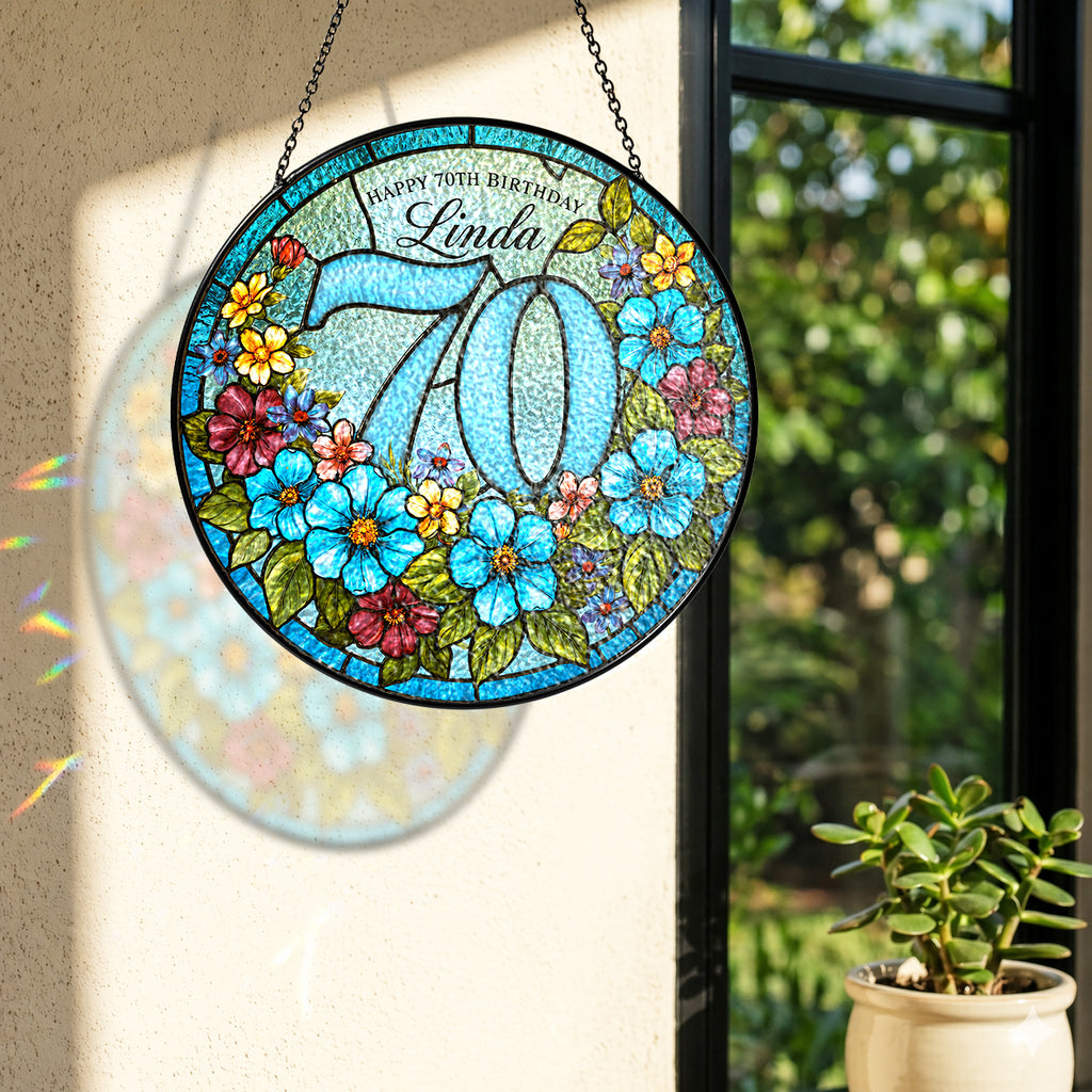 Personalized 70th Birthday Suncatcher – Custom Name Floral Stained Glass Window Hanging Gift