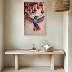 Hummingbird Canvas Wall Art Colorful Painting with Pink Flowers