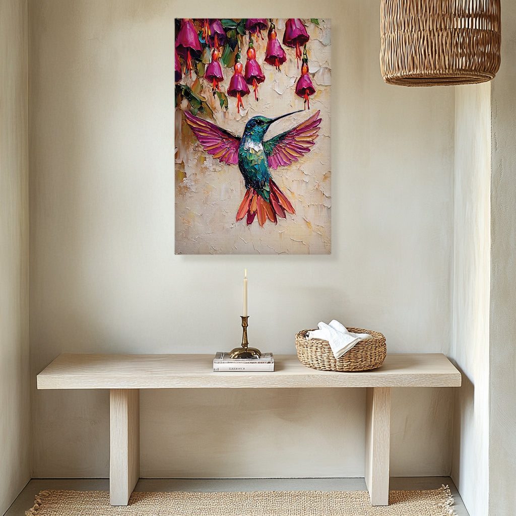 Hummingbird Canvas Wall Art Colorful Painting with Pink Flowers