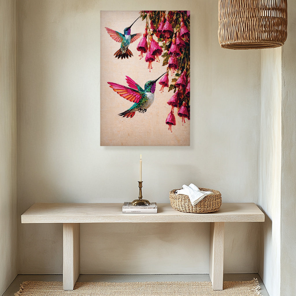 Canvas Wall Art Colorful Hummingbird Painting with Pink Flowers