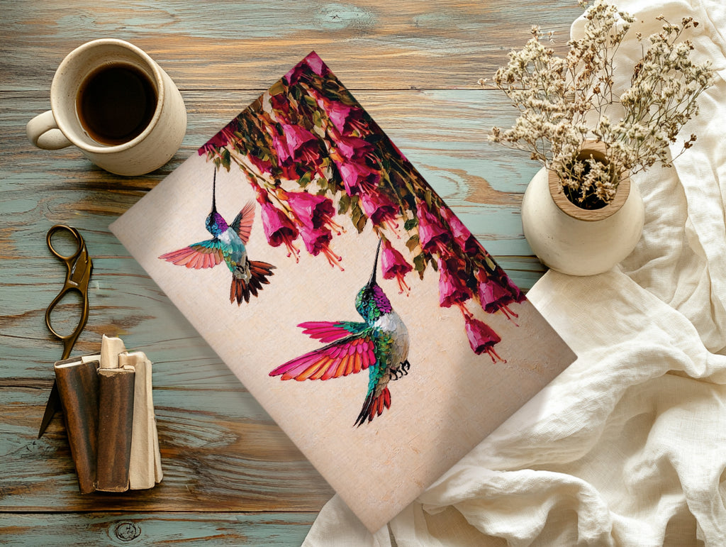 Canvas Wall Art Colorful Hummingbird Painting with Pink Flowers