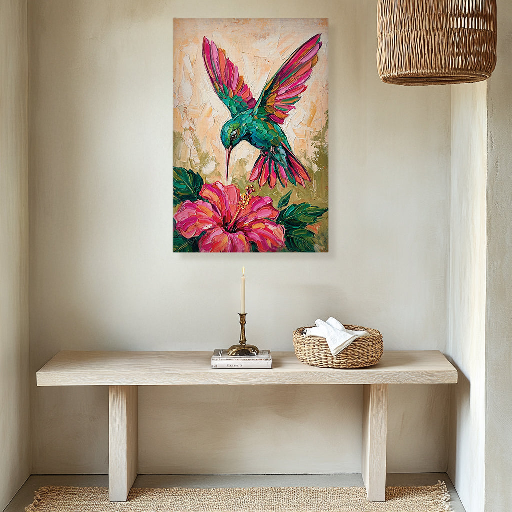 Hummingbird Canvas Wall Art Colorful Painting with Flower, Botanical Bird Prints for Living Room Bedroom Office