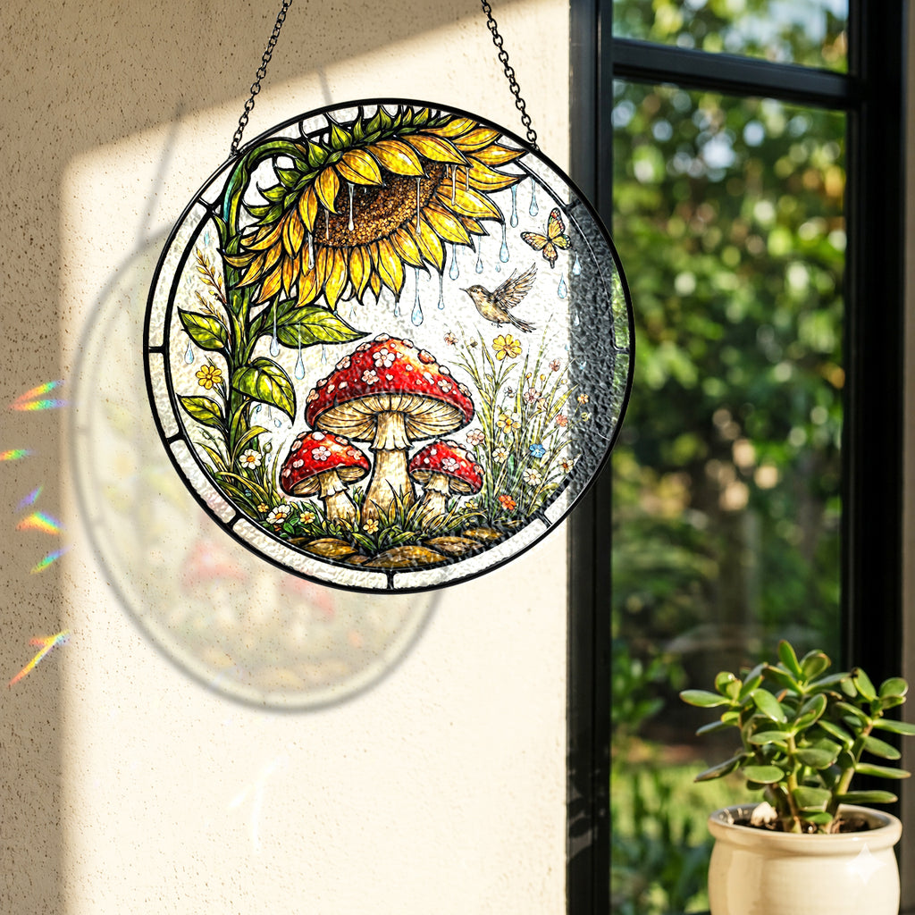 Sunflower Mushroom Stained Glass Suncatcher