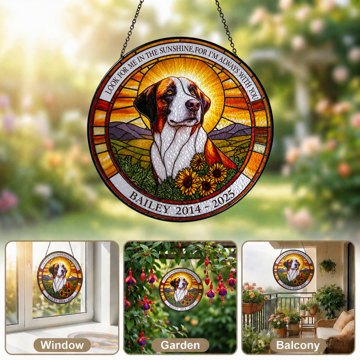 Dog memorial suncatcher shown in window garden and balcony settings