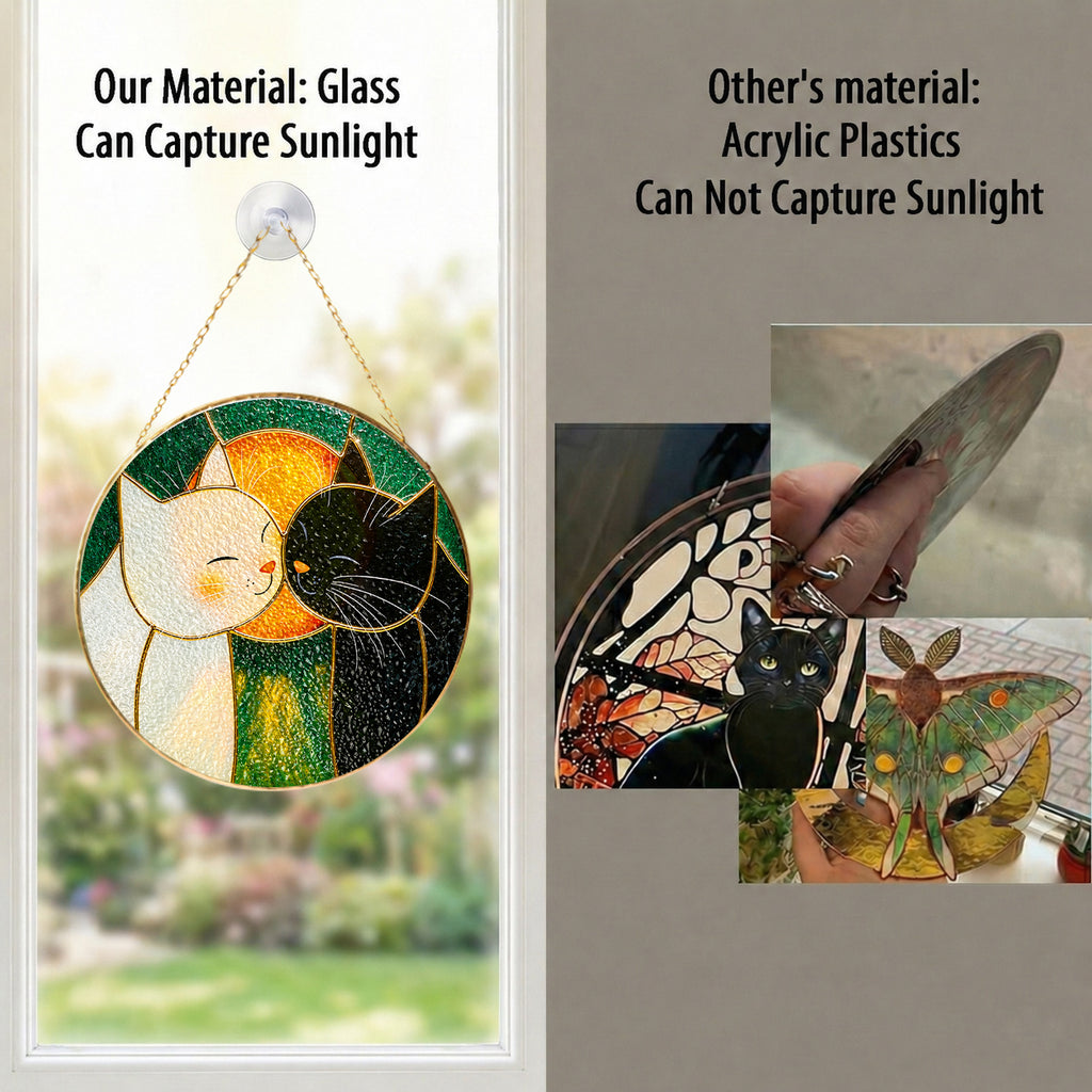 Cuddling cats stained glass suncatcher as home decor and gift idea