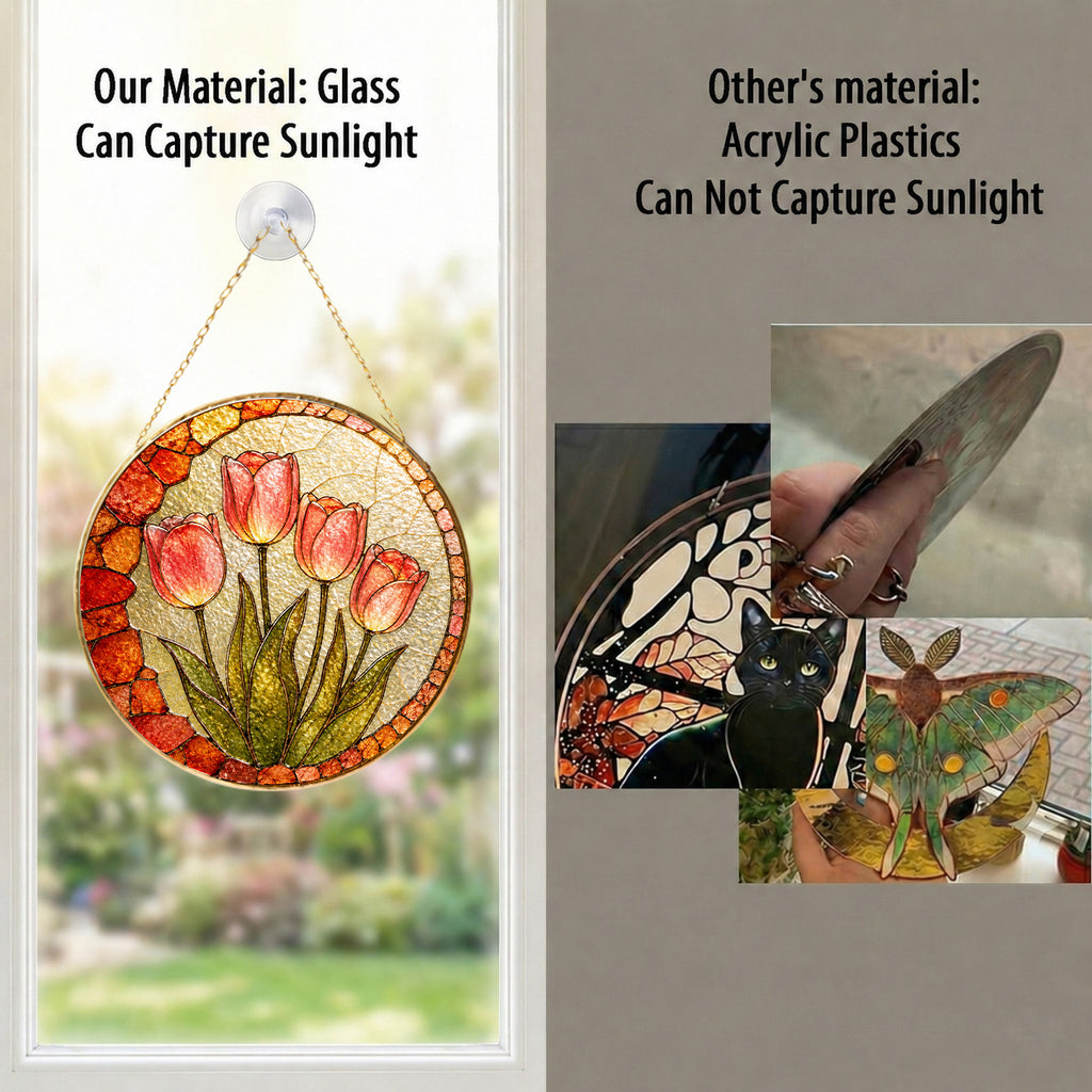 Pink tulip stained glass suncatcher as home decor and gift idea