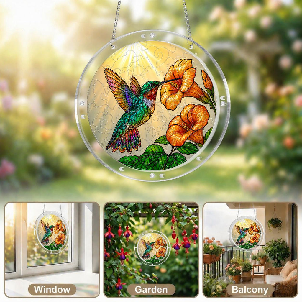 Hummingbird trumpet-flower puzzle suncatcher hanging by a sunlit garden window