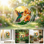 Hummingbird trumpet-flower puzzle suncatcher hanging by a sunlit garden window